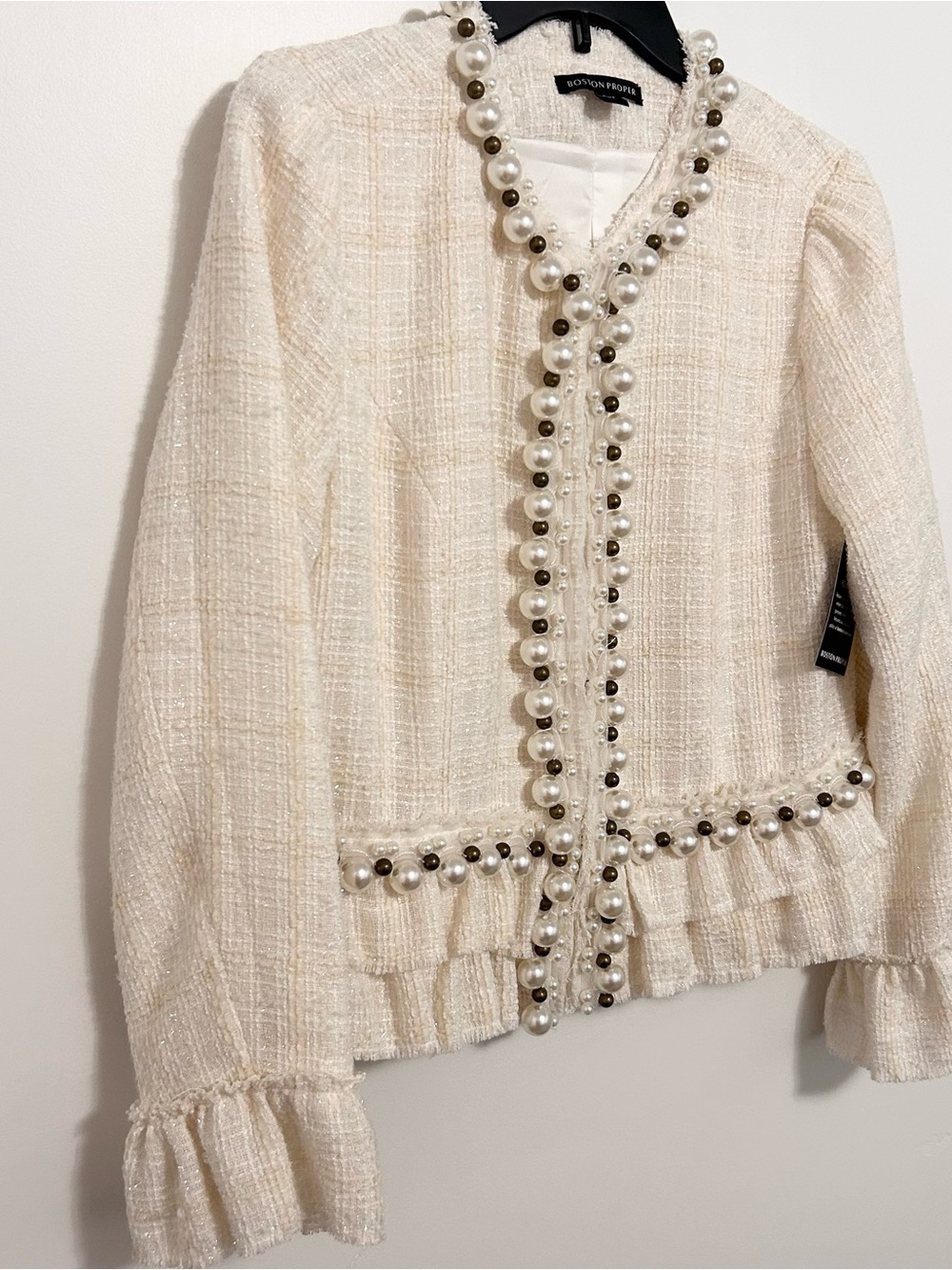 Boston Proper Pearl Trim Tweed Ruffle Detail Jacket Size 8 - Picture 5 of 8